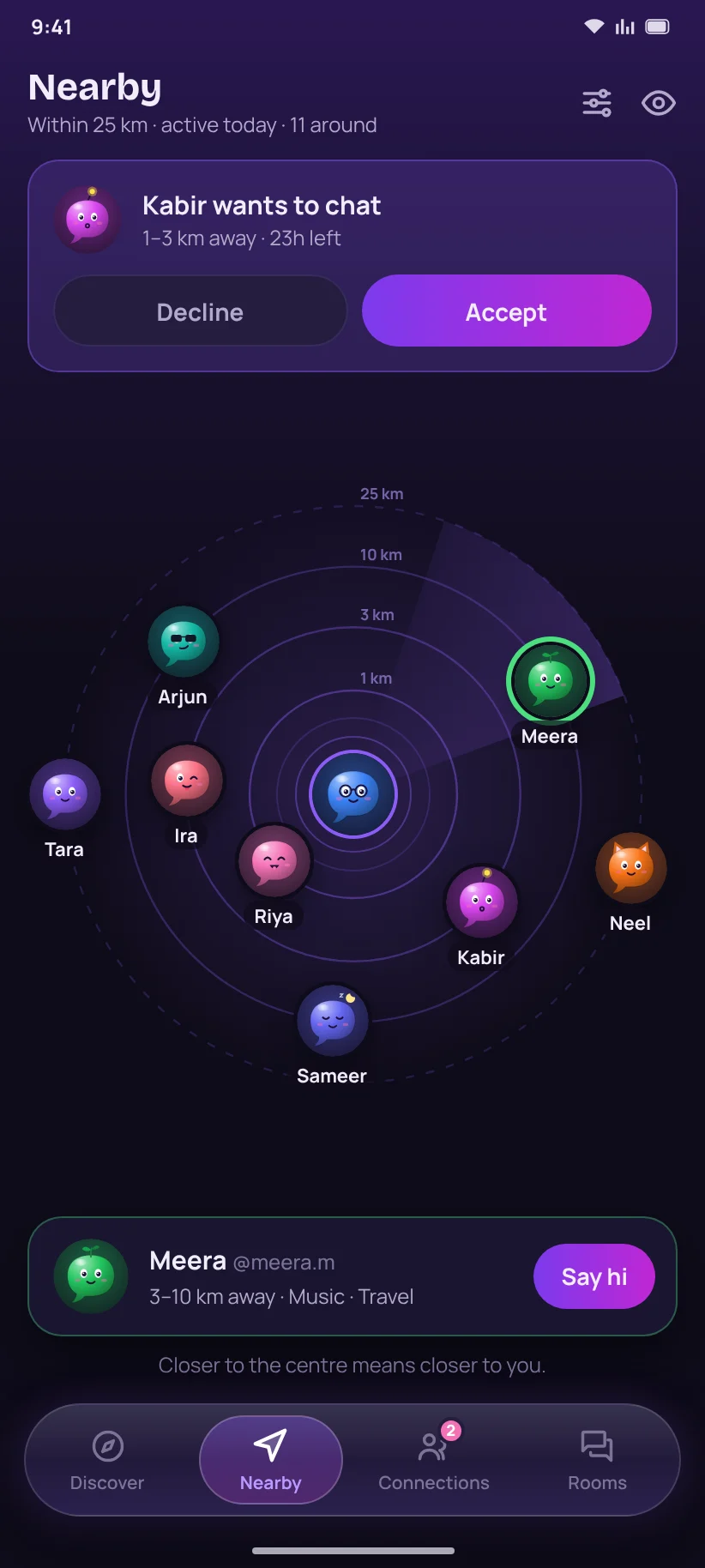 The Nearby radar showing people within 25 km