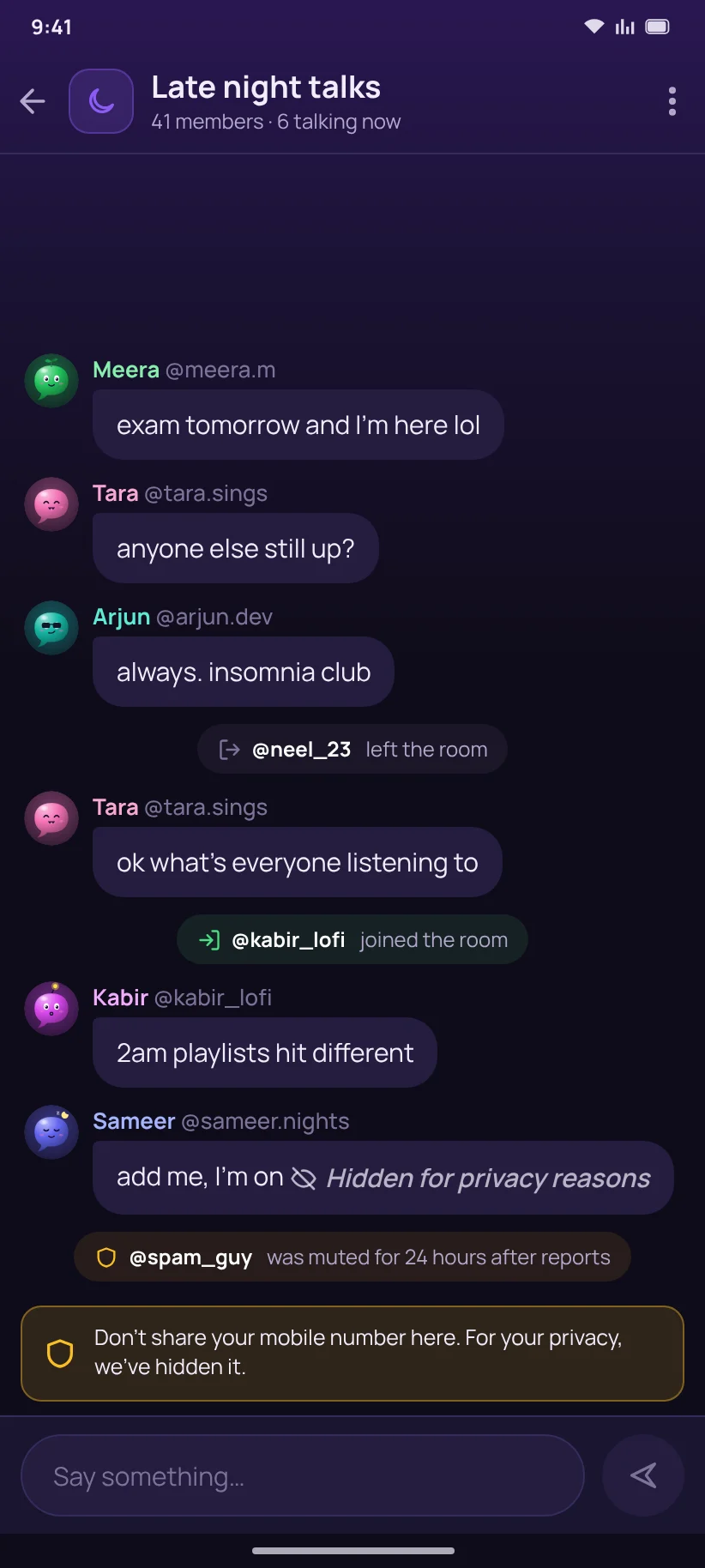 A room chat where a phone number is hidden for privacy